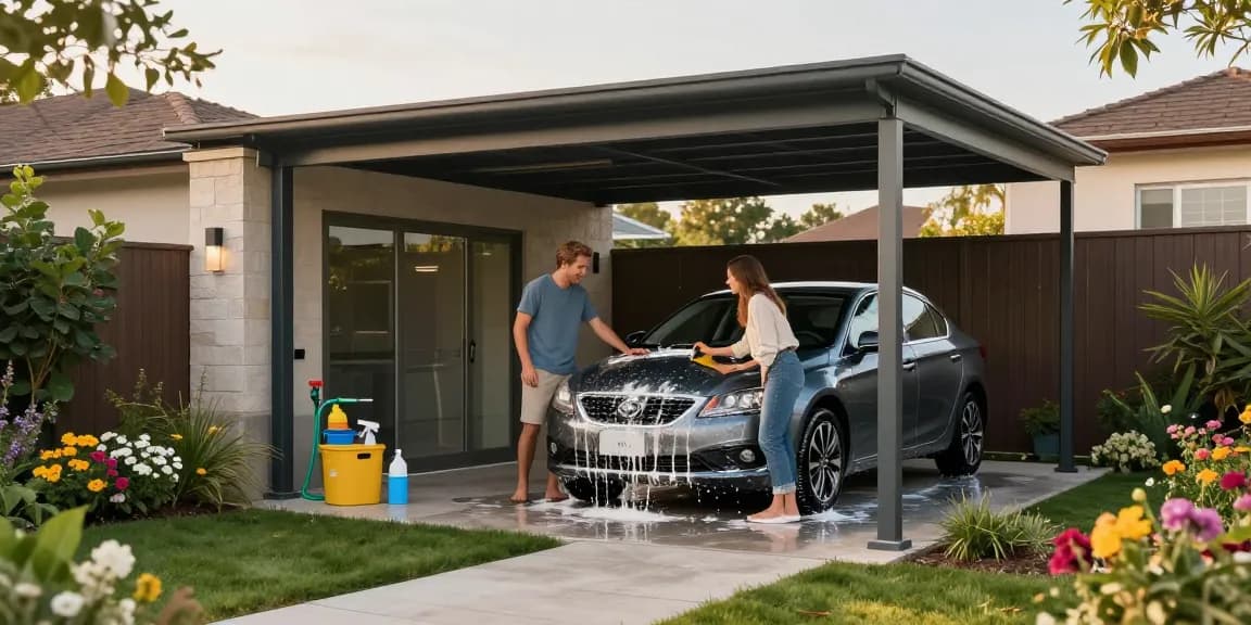 Moderne Carport-Struktur mit glücklichem Paar beim Autofahren im Garten.