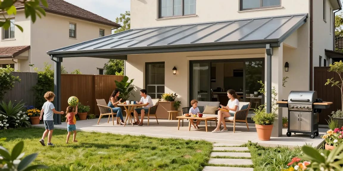 Moderne Terrassenüberdachungen aus Aluminium in einem stilvollen Garten mit Familie.
