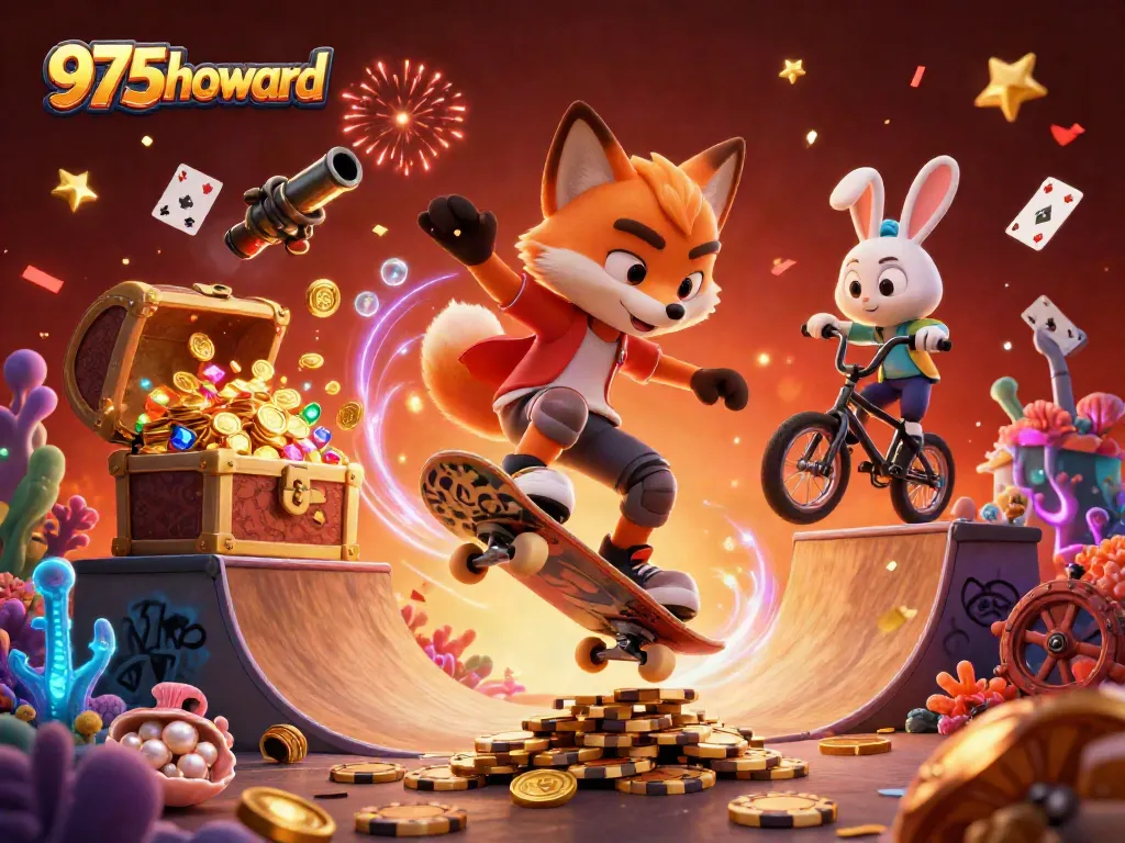 Experience the thrill of 975howard with cartoon fox and rabbit in an action-packed casino scene.