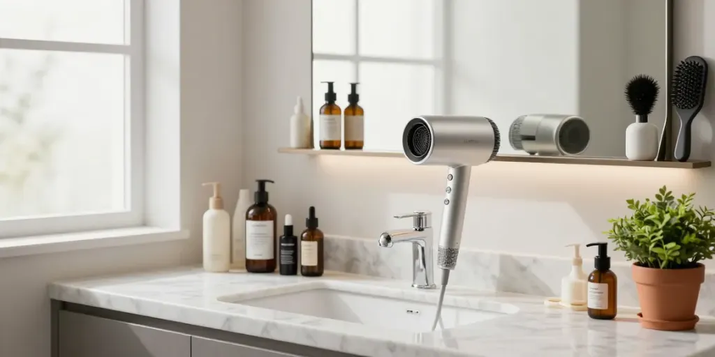 Laifen Föhn auf luxuriösem Marmorwaschtisch mit hochwertigen Haarpflegeprodukten.