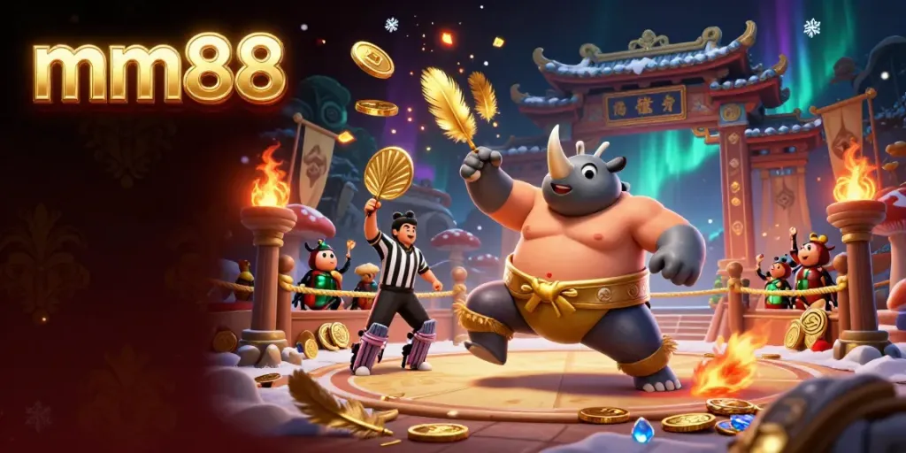 Witness the vibrant mm88 gaming world with a sumo champion beetle in action, surrounded by dynamic casino elements.