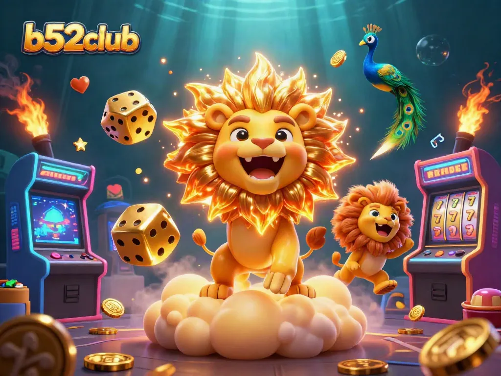 Play exciting games with b52club amidst an ultra-detailed 3D casino scene featuring vibrant slot elements.