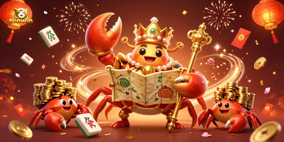 Experience exhilarating games at Sunwin, featuring a vibrant scene with a golden crab emperor and floating treasures.