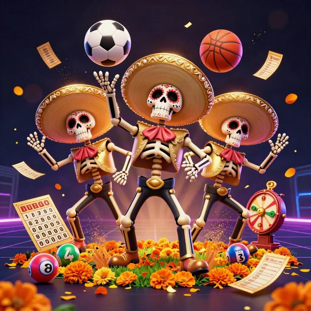 Drei Skelett-Mariachis, fliegende Spielbälle, Marigold-Petalen und goldene Casino-Details im Neonlicht.