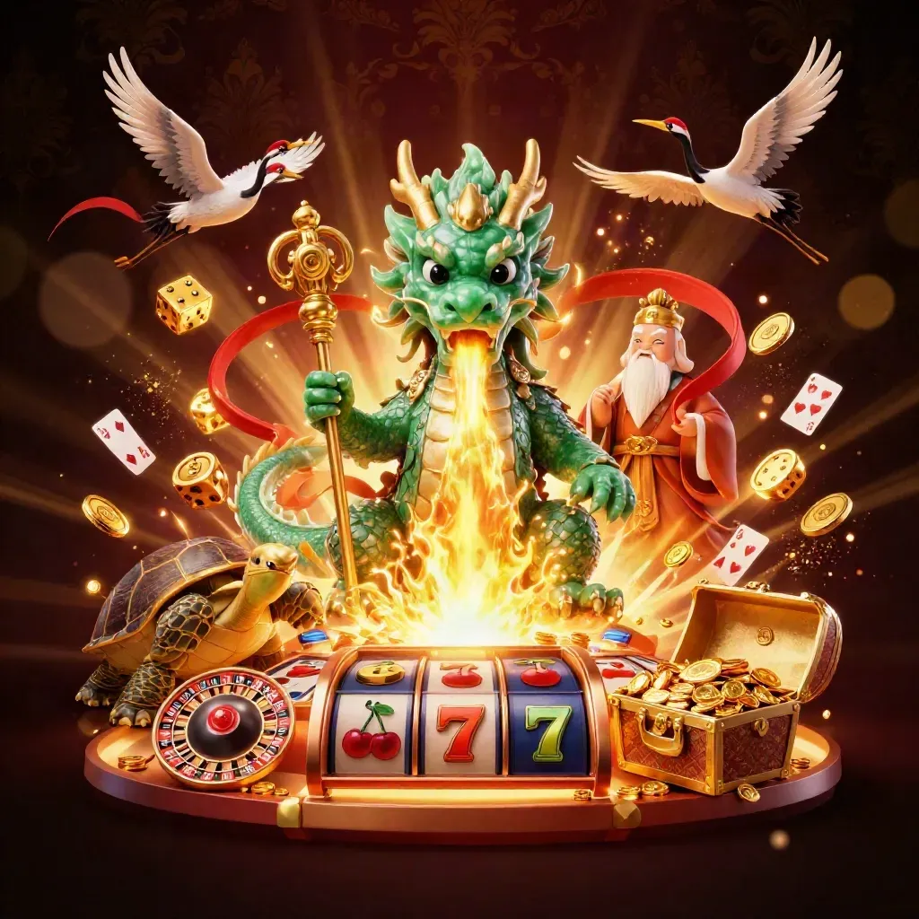 Jade-Drache, Schildkröte und Kraniche vor Goldregen und Slot-Maschine im Luxus-Dunkel