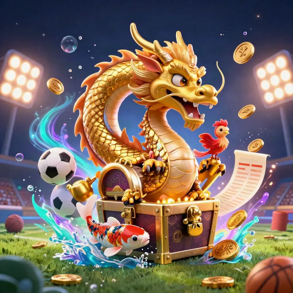 Goldener Drache, Phoenix, Koi und Sportbälle vor düsterem Blau mit goldenen Lichtern.