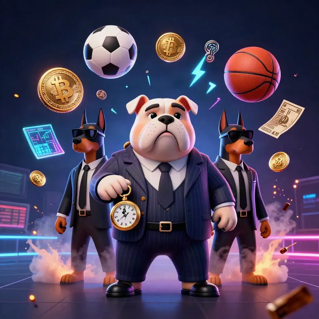 Drei Cartoon-Gangsterhunde umwirbelt von Münzen, Bällen, Blitzen und Neonlicht im Dunkel.