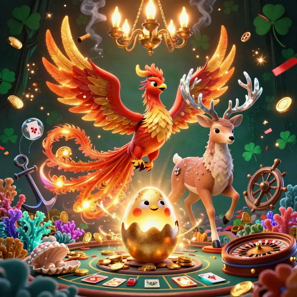 Phönix, Hirsch und Babyphönix in goldener Casino-Unterwasserwelt mit Licht und Edelsteinen.