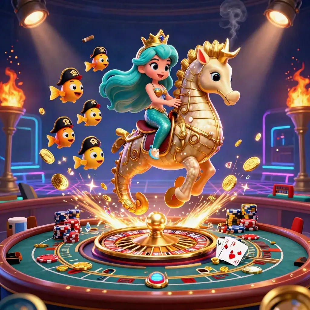 Meerjungfrauenprinzessin auf goldnem Seepferd, Münzen, Edelsteine und Roulette im Luxuscasino