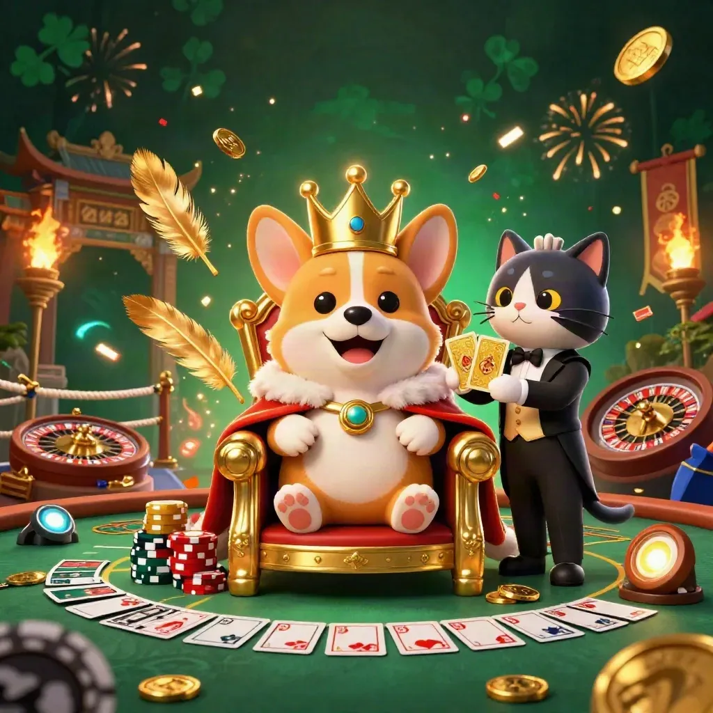 Königlicher Corgi und Katzenbutler in goldenem Casino-Licht mit Funken, Münzen und Tempeltor