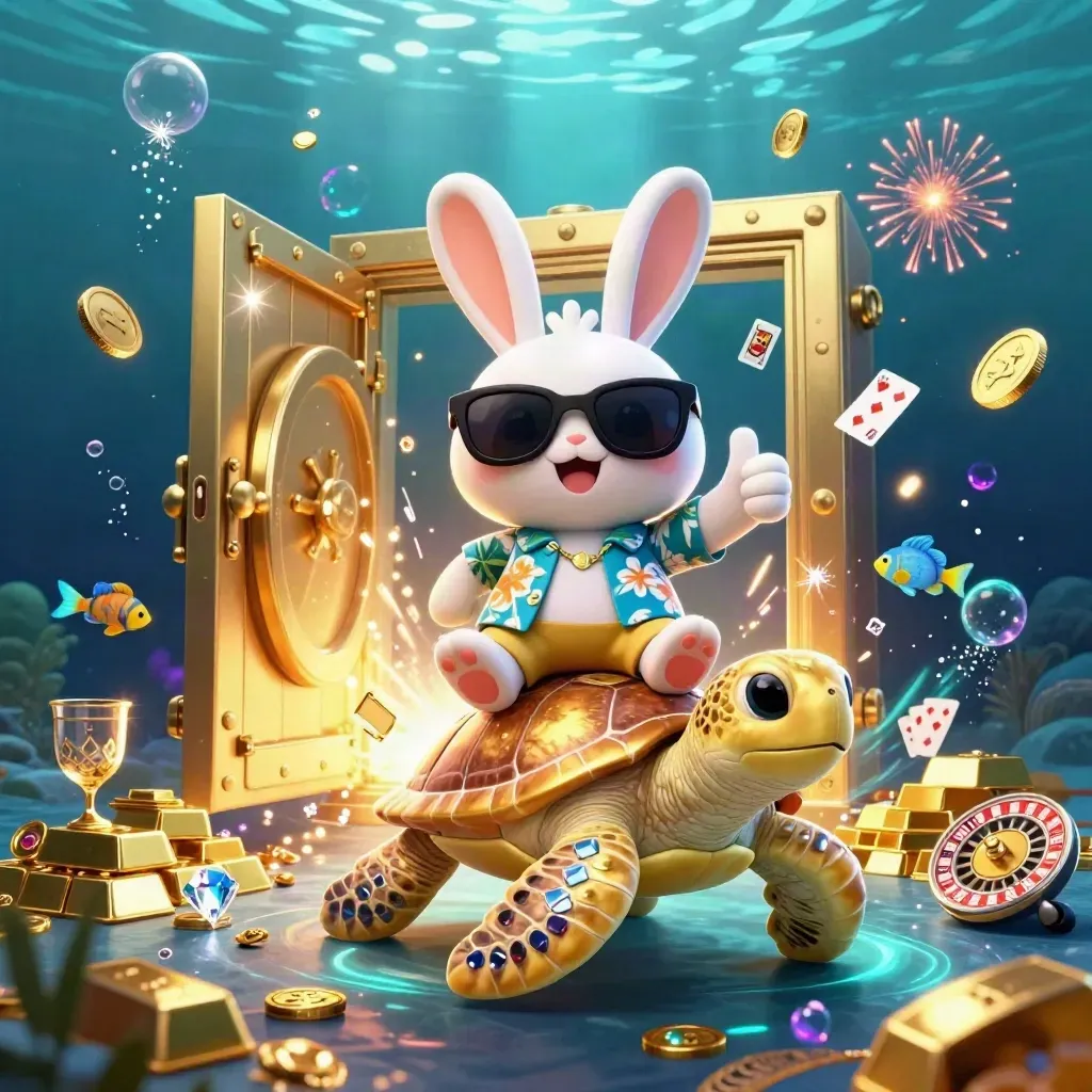 Cartoon-Hase auf goldenem Schildkrötenrücken mit Gold, Juwelen und Licht im Unterwasserraum.