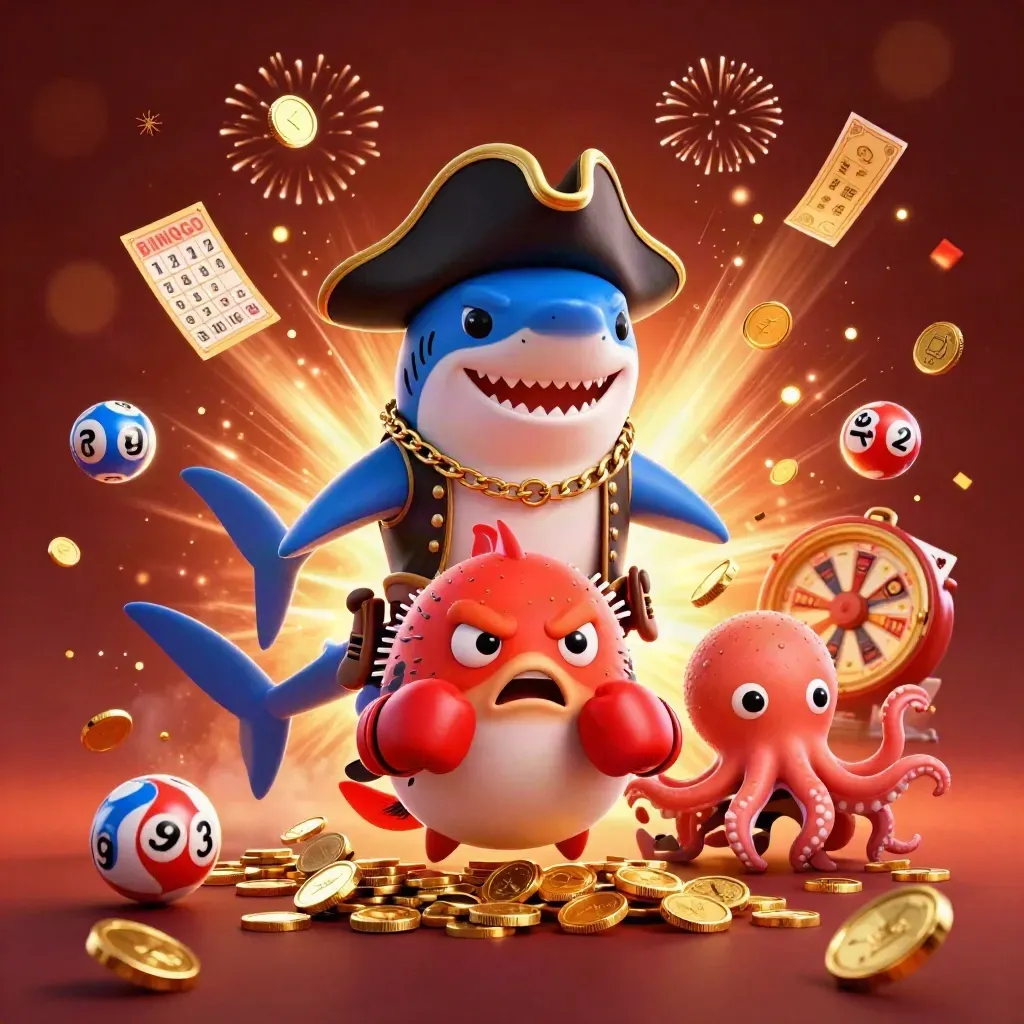 Piratenhai, Box-Pufferfisch und Baby-Oktopus in Goldregen mit Casino-Elementen.