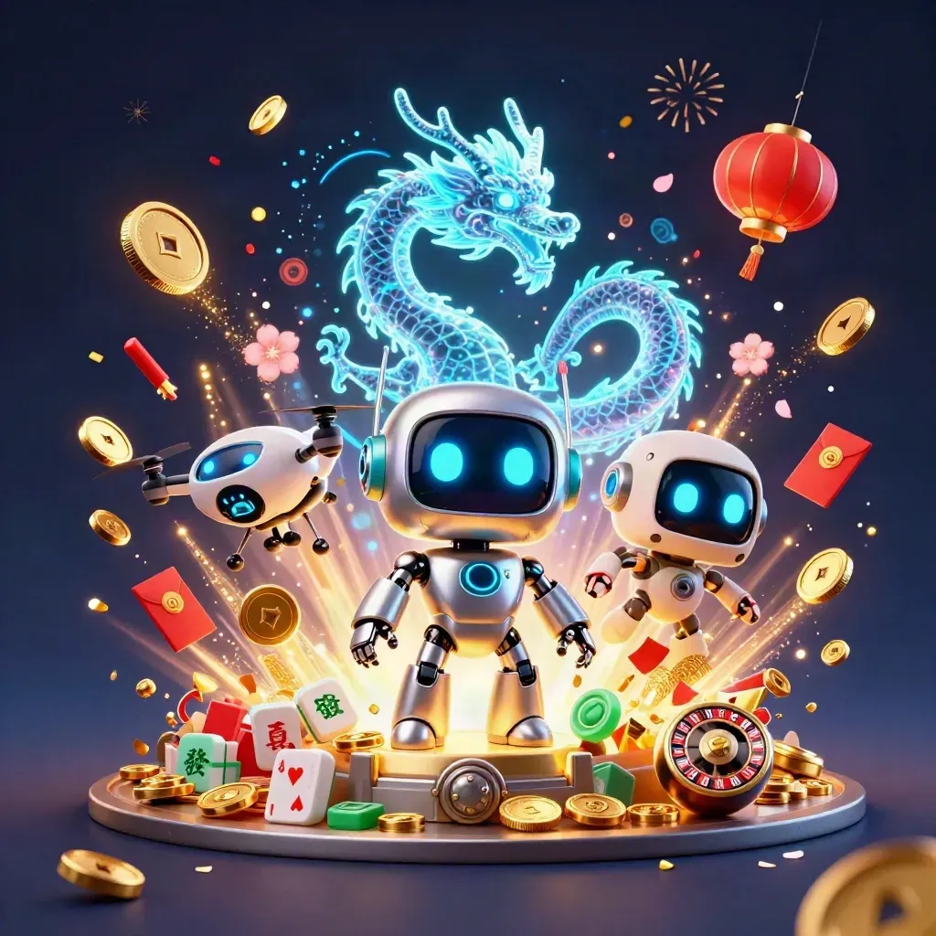Cyberpunk-Roboter, Hologramm-Drache und Drohne vor Goldregen, Feuerwerk und Glückssymbolen