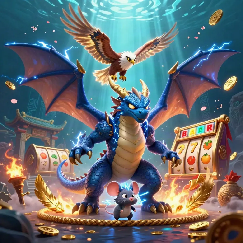 Blitzdrache, Windfalke und Thundermaus vor Tempeltor mit Gold und Slots.