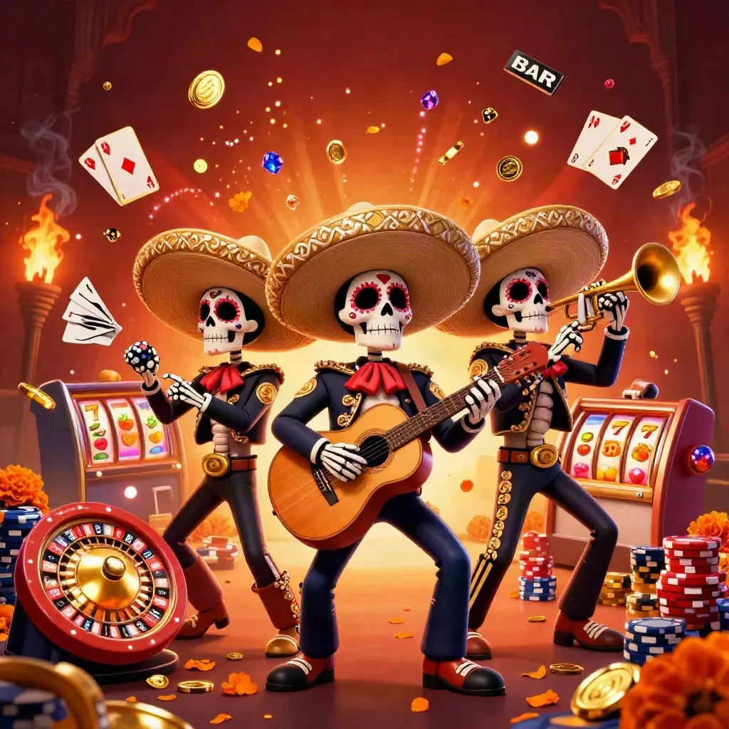 3D-Skelett-Mariachi-Trio mit Goldmünzen, Roulette, Chips und Funken in dunklen Brandfarben