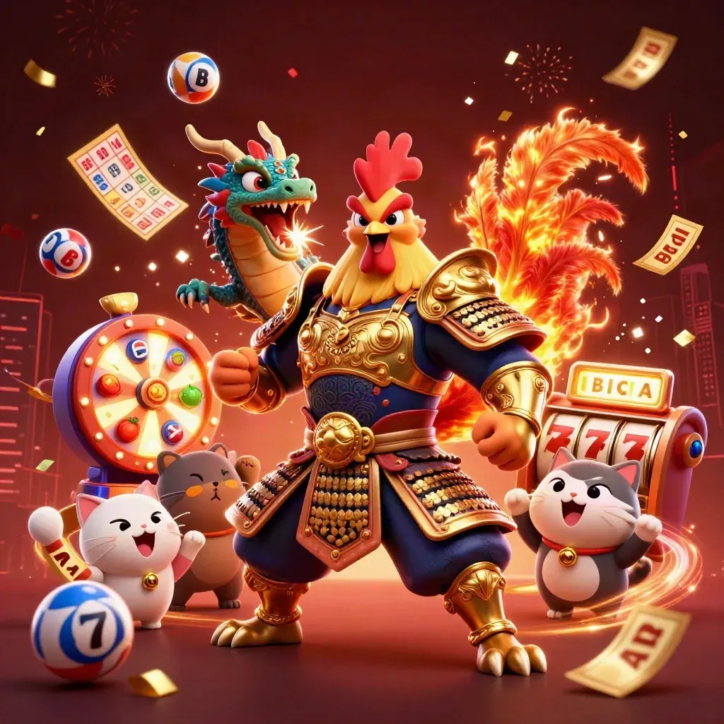 Goldener Samurai-Hahn, Drachenbaby und Glückskatze vor Casino-Explosion.