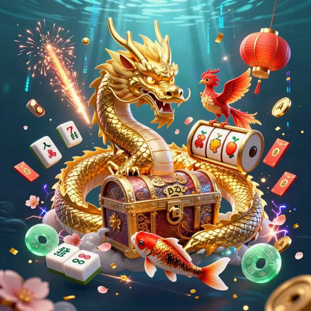 Goldener Drachen mit Schatzkiste, Phönix und Koi vor dunklem Blau mit Casino-Glanz