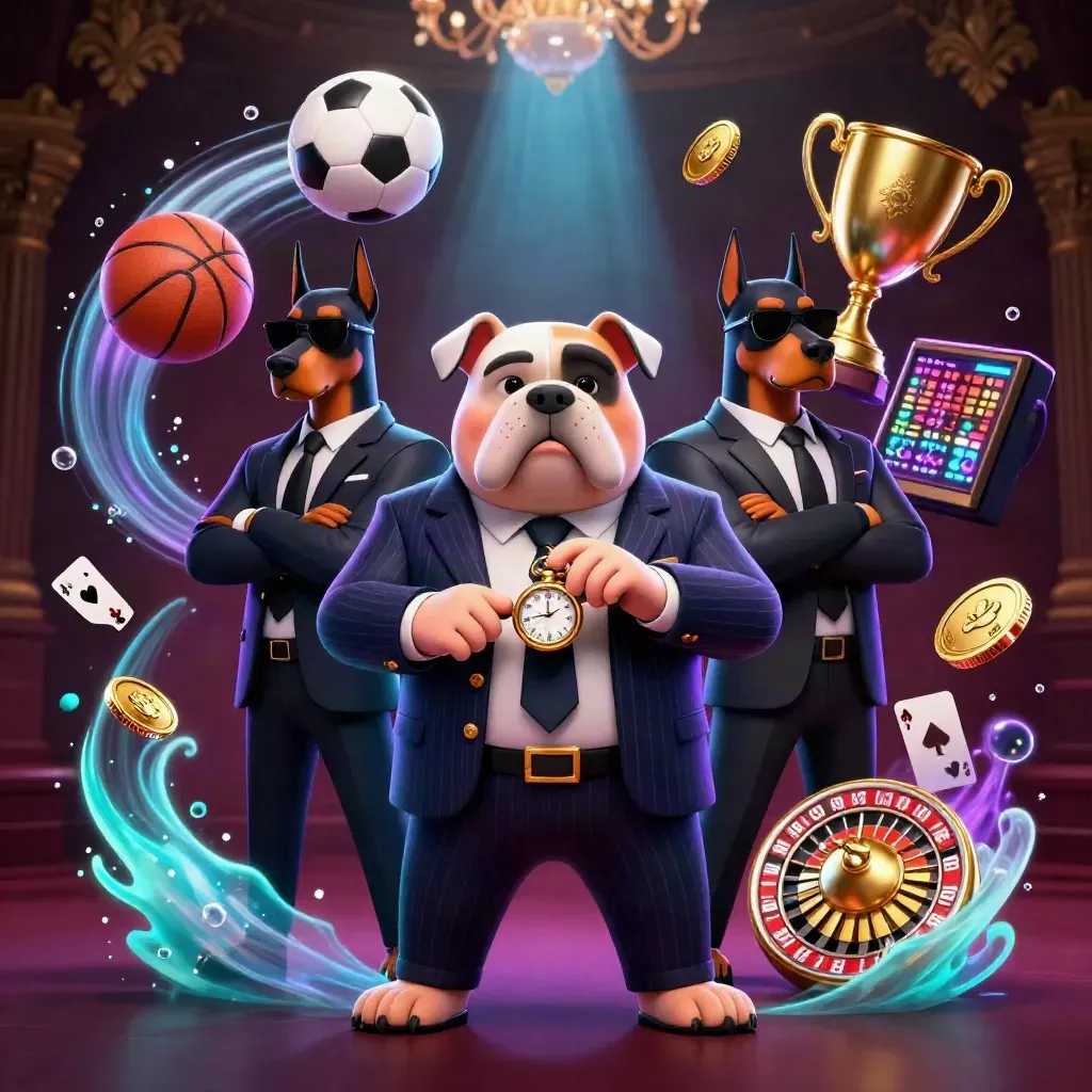 Bulldog-Mafioso mit zwei Dobermännern, Gold, Sportbälle und Casino-Glanz