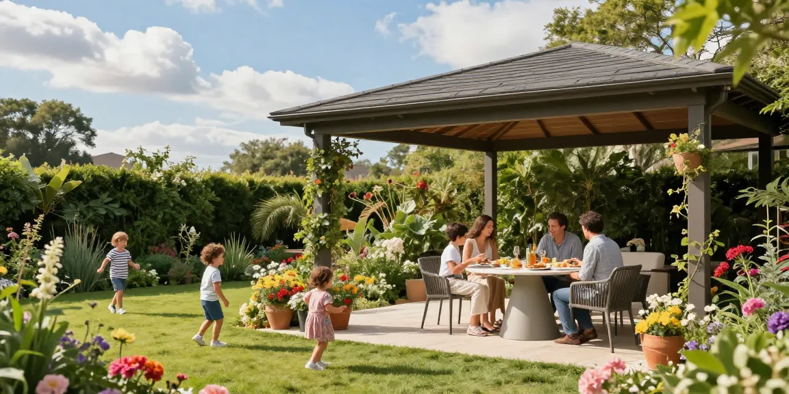 Terrassenüberdachung freistehend bietet schattigen Platz für eine Familie an einem sonnigen Tag im Garten.