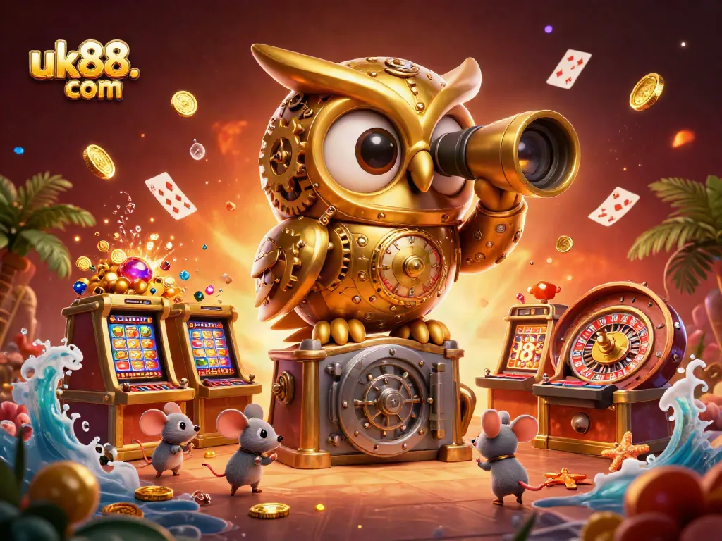 Experience exciting gameplay at uk88. com with a vibrant casino scene featuring a golden owl, mice patrons, and dynamic gaming elements.