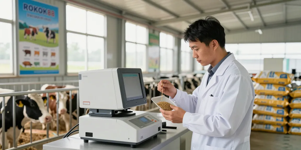 ROKOK88 slot login showcasing a livestock nutrition expert analyzing animal feed in a modern facility.