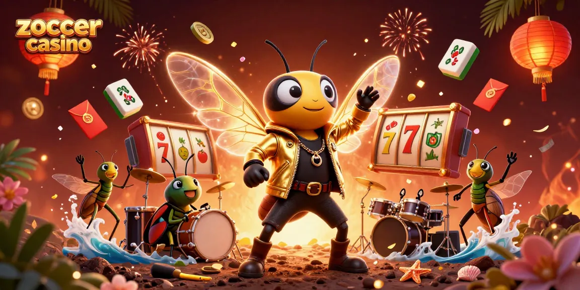 Zoccer casino showcases an energetic 3D scene with characters and vibrant casino elements, embodying gaming excitement.