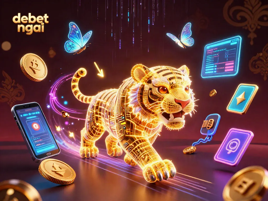 Experience winning strategies at debet mới with a vibrant digital casino scene featuring a golden tiger.
