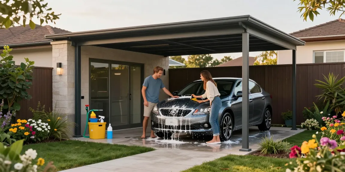 Moderne Carport-Struktur mit glücklichem Paar beim Autofahren im Garten.