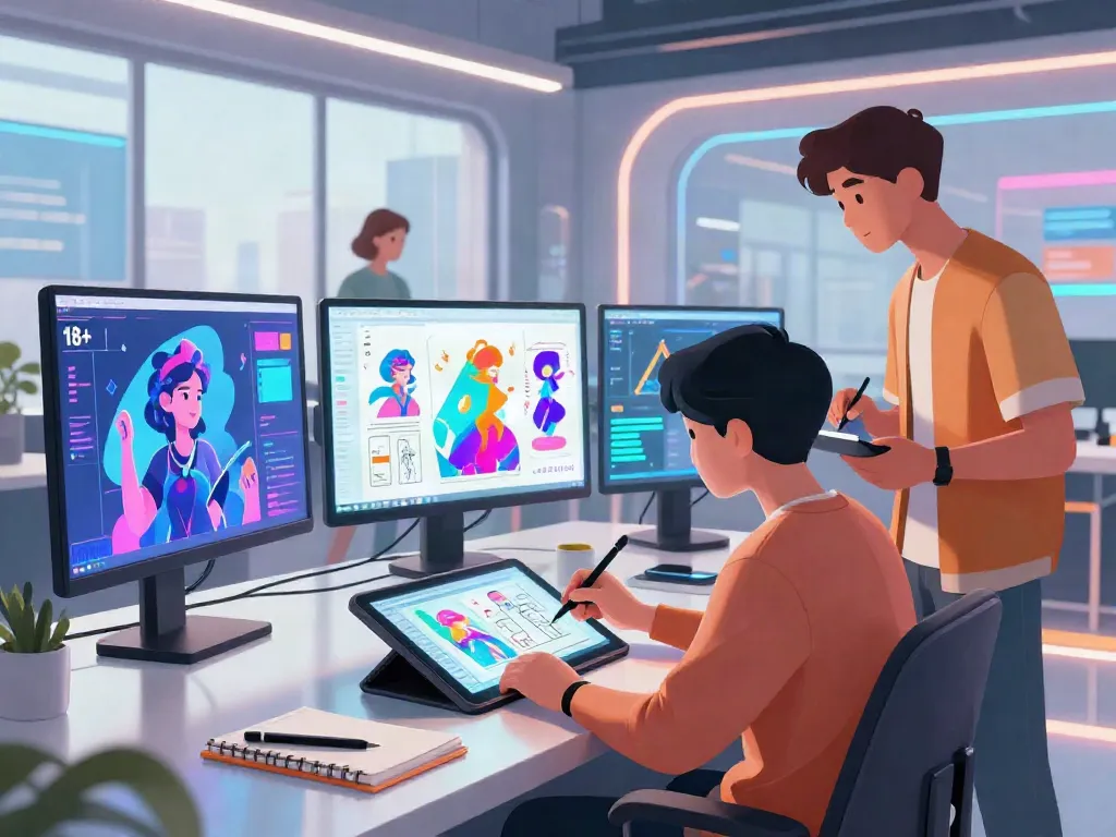 Vibrant digital art studio scene showcasing diverse artists collaborating on innovative 18+ ai projects.