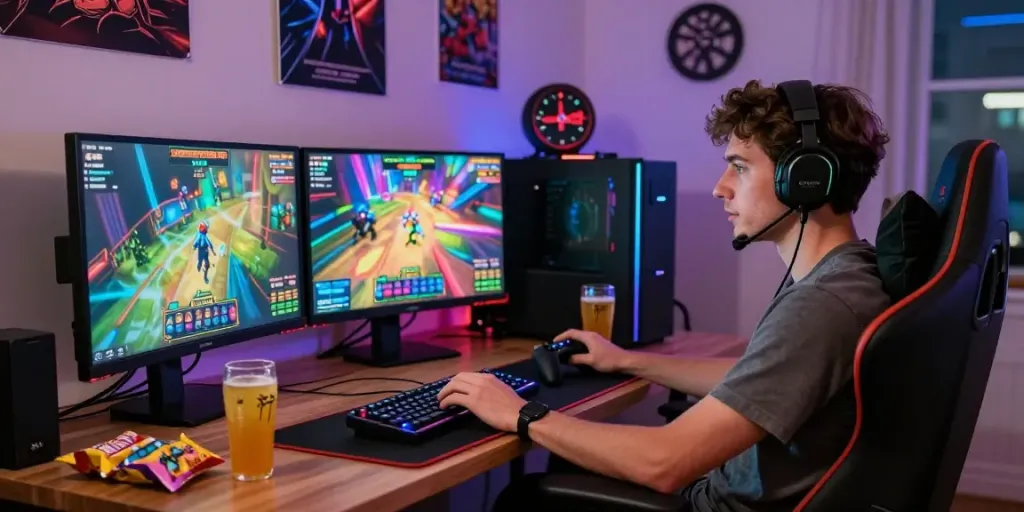 Engaged player accessing rokok88 slot login in a vibrant gaming setup.
