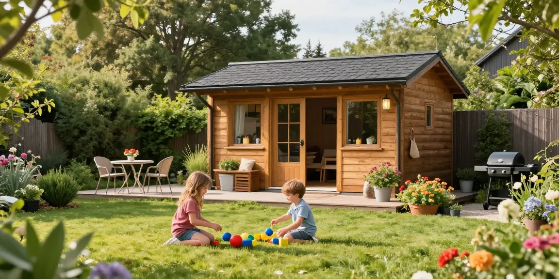 Schönes Gartenhaus umgeben von einem einladenden Garten mit spielenden Kindern.