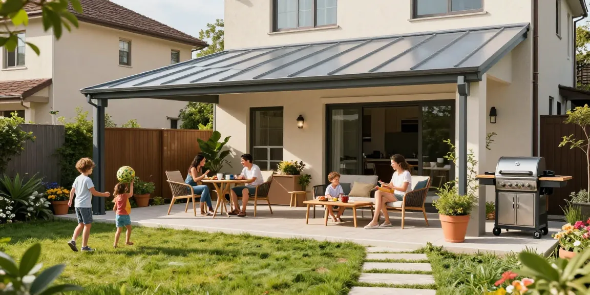 Moderne Terrassenüberdachungen aus Aluminium in einem stilvollen Garten mit Familie.